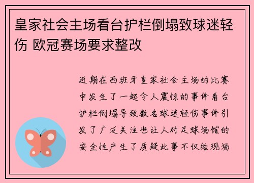 皇家社会主场看台护栏倒塌致球迷轻伤 欧冠赛场要求整改