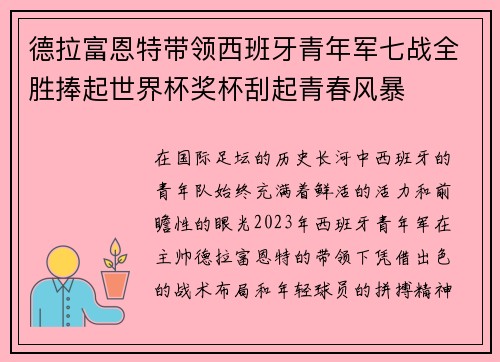 德拉富恩特带领西班牙青年军七战全胜捧起世界杯奖杯刮起青春风暴