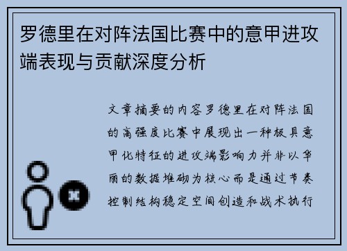 罗德里在对阵法国比赛中的意甲进攻端表现与贡献深度分析
